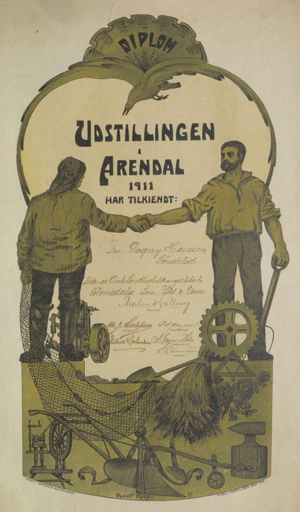 Diplom sølvmedalje Dagny Hansen utstilling i Arendal 1911