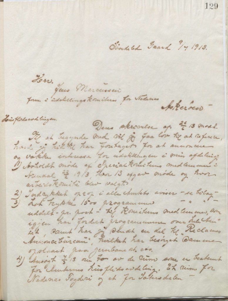 Kopi av brev til Jens Marcussen 09.04.1913 fra Dagny Hansens kopibok s. 129