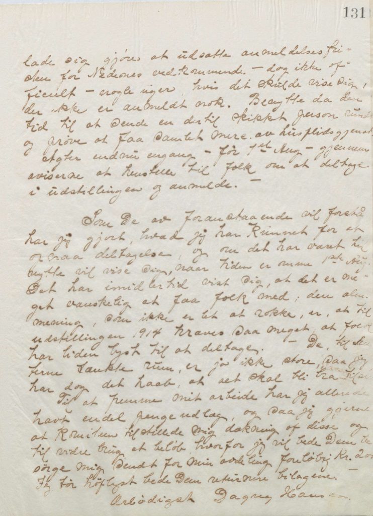 Kopi av brev til Jens Marcussen 09.04.1913 fra Dagny Hansens kopibok s. 131
