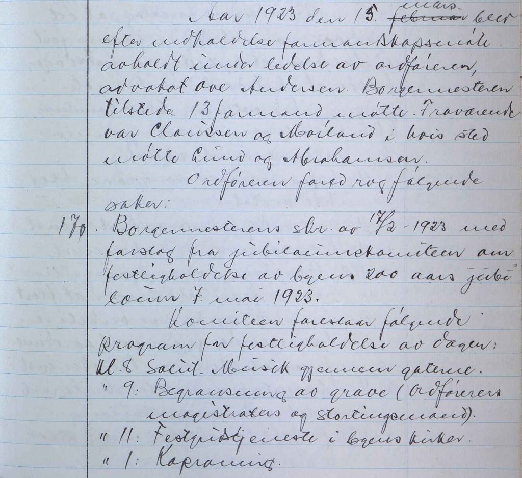 Referat fra formannskapsmøte i Arendal 15.03.1923