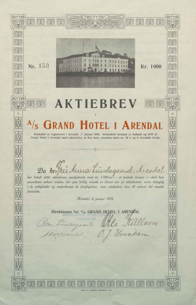 Aksjebrev Grand Hotel Anna Lindegaard