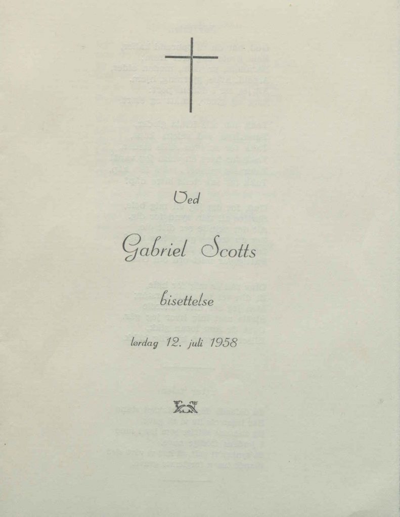 Program for begravelse av Gabriel Scott 1958 forside