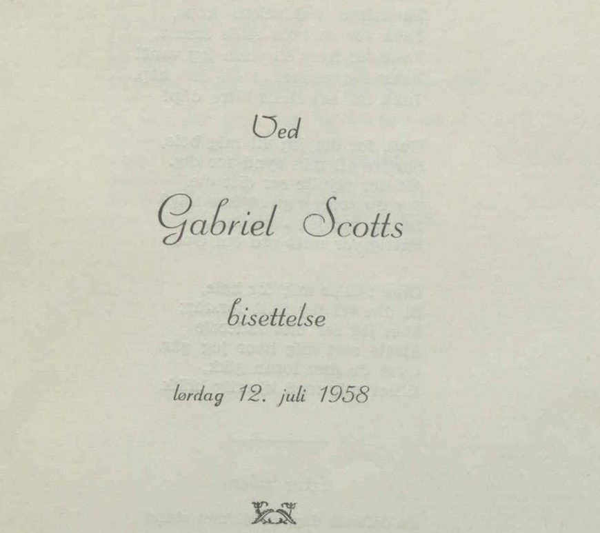 Program for begravelse av Gabriel Scott 1958 forside utsnitt