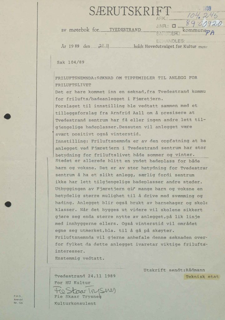 Særutskrift Hovedutvalget for Kultur i Tvedestrand 21.11.1989