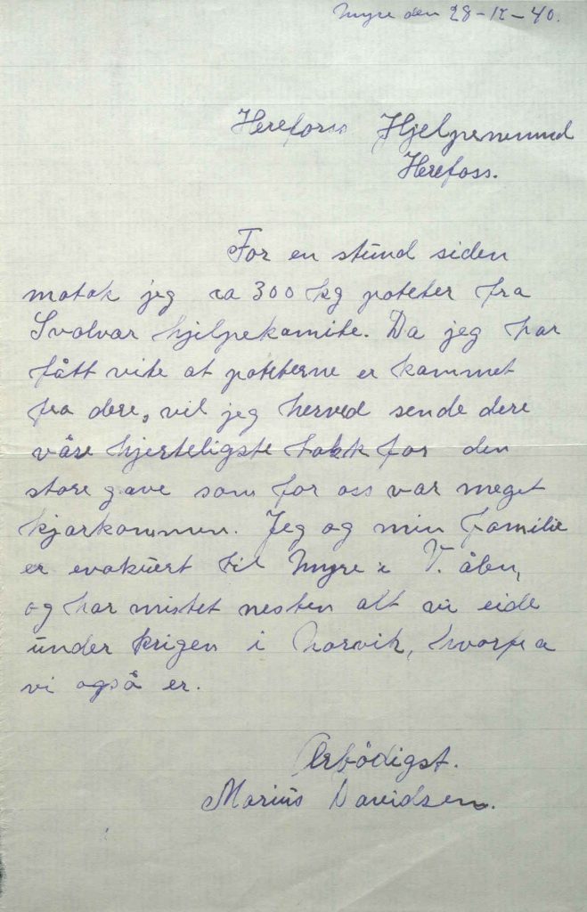 Brev til Herefoss Hjelpenemnd fra Marius Davidsen 28.12.1940