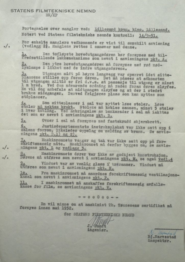 Fortegnelse over mangler ved Lillesand kommunale kino ved kontroll 14.09.1951