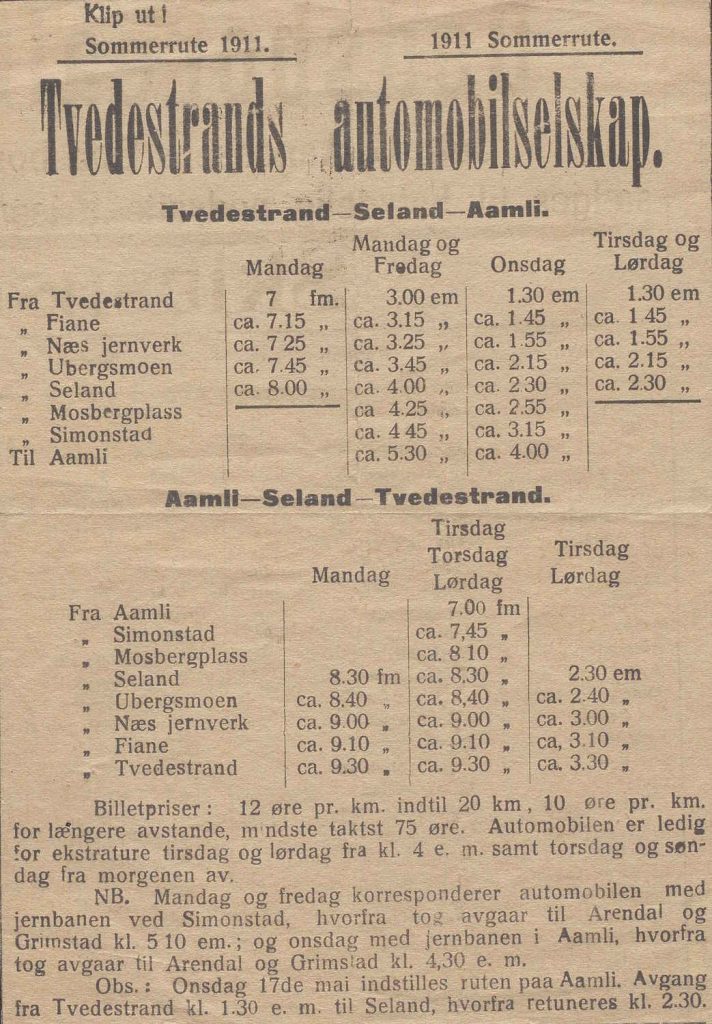 Rutetabell for Tvedestrands automobilselskap 1911