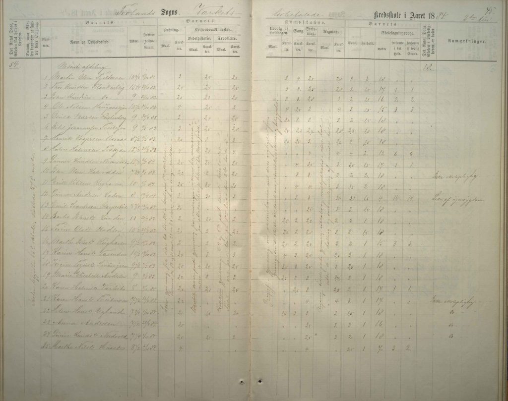 Skoleprotokoll fra Froland Verk skole 1879 til 1900 karakterer 1884