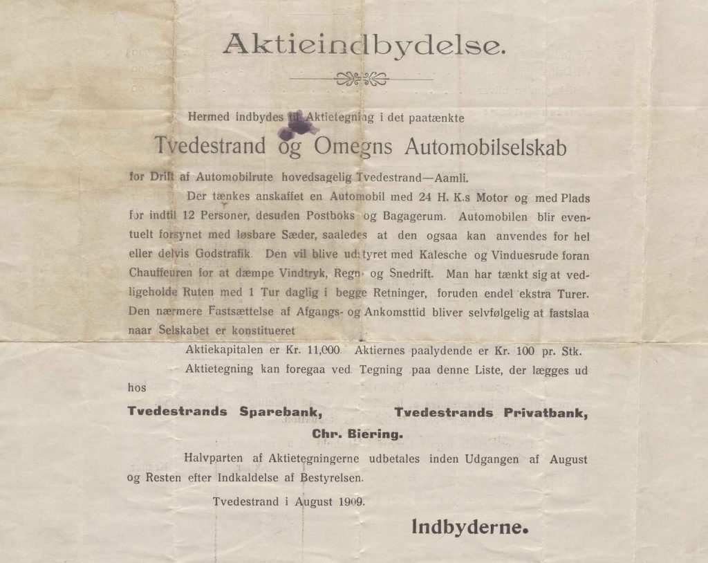 Utsnitt av aksjeinnbydelse for Tvedestrand og Omegn Automobilselskab 1909 s. 1
