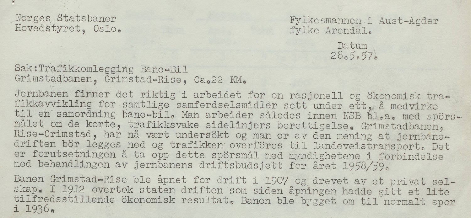 Brev fra hovedstyret i Norges Statsbaner om nedlegging av Grimstad-Risebanen 28.05.1957 utsnitt