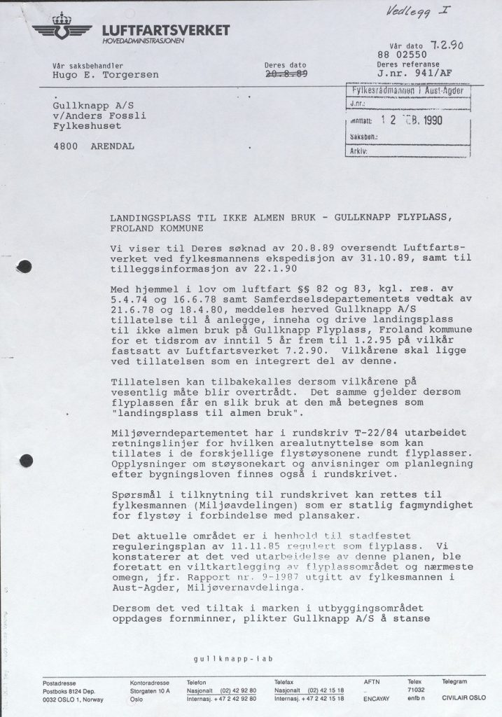 Brev fra Luftfartsverket om konsesjon til Gullknapp 07.02.1990 s. 1