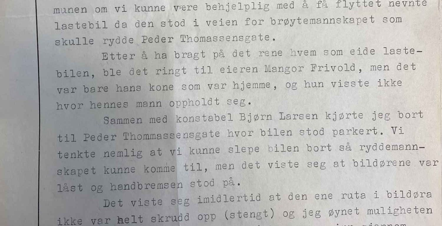 Rapport fra politikonstabel Røed angående snøværet 10. mars 1954 utsnitt