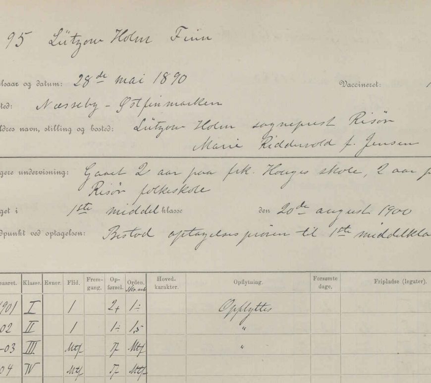 Utsnitt fra manntallsprotokoll ved Risør skole 1900