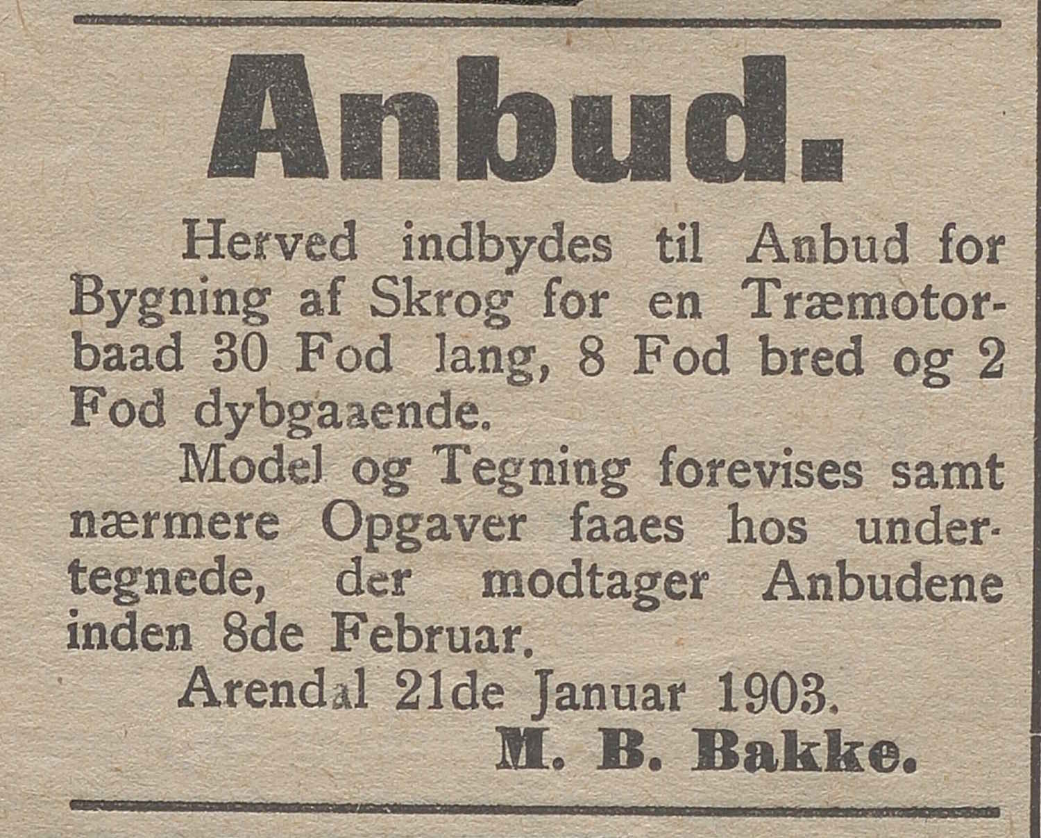 Avisnotis om anbud på bygging av motorbåt i tre 21. januar 1903