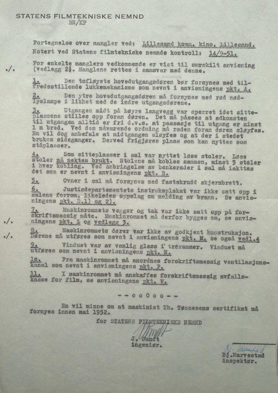 Fortegnelse over mangler ved Lillesand kommunale kino ved kontroll 14.09.1951