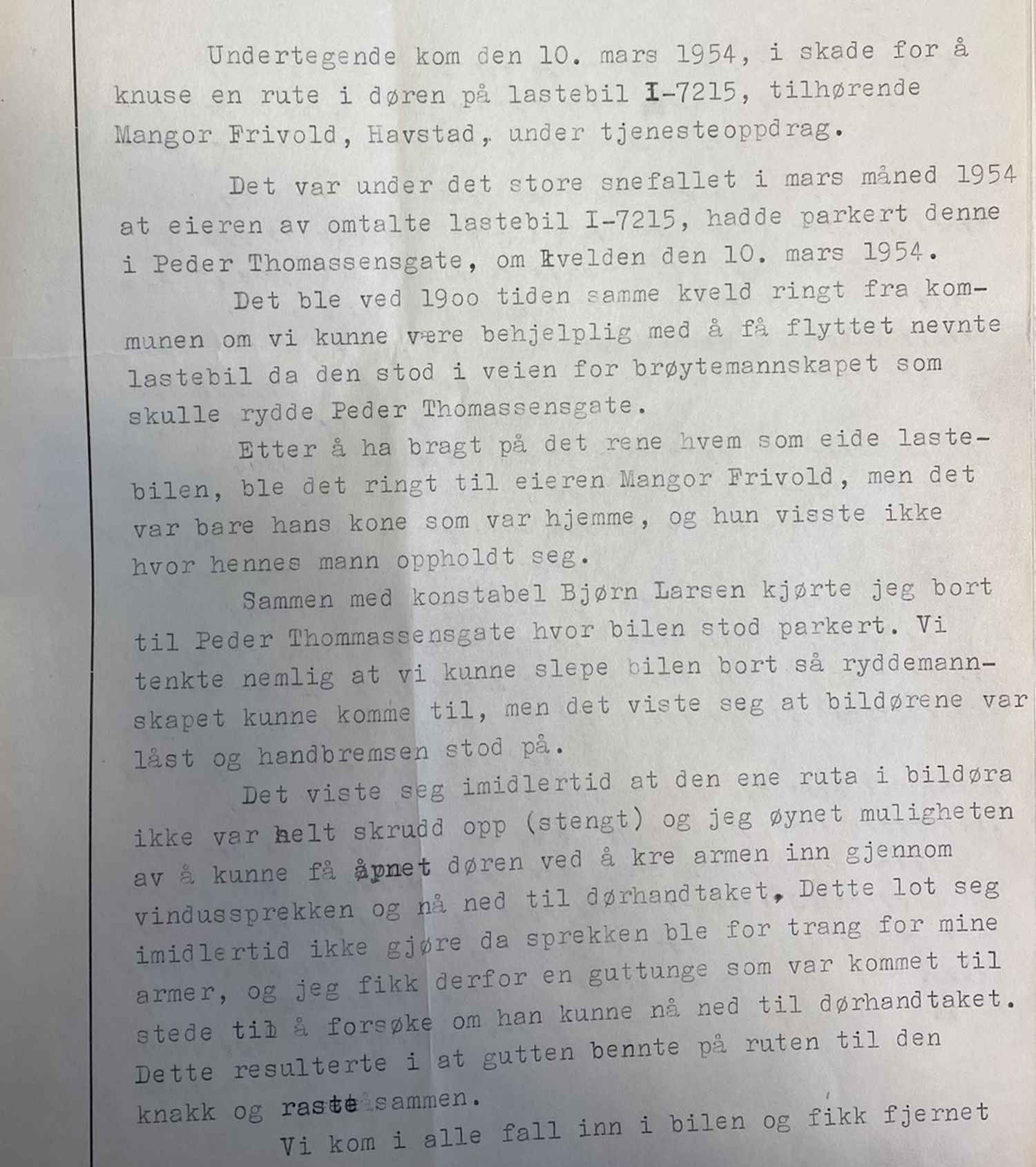 Rapport fra politikonstabel Røed angående snøværet 10. mars 1954 utsnitt
