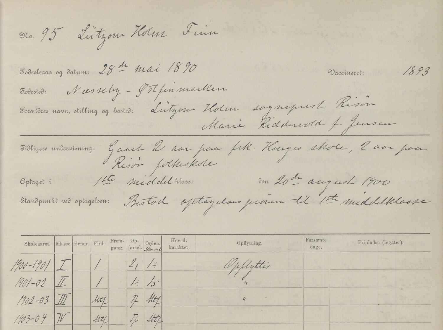 Utsnitt fra mantallsprotokoll ved Risør skole 1900
