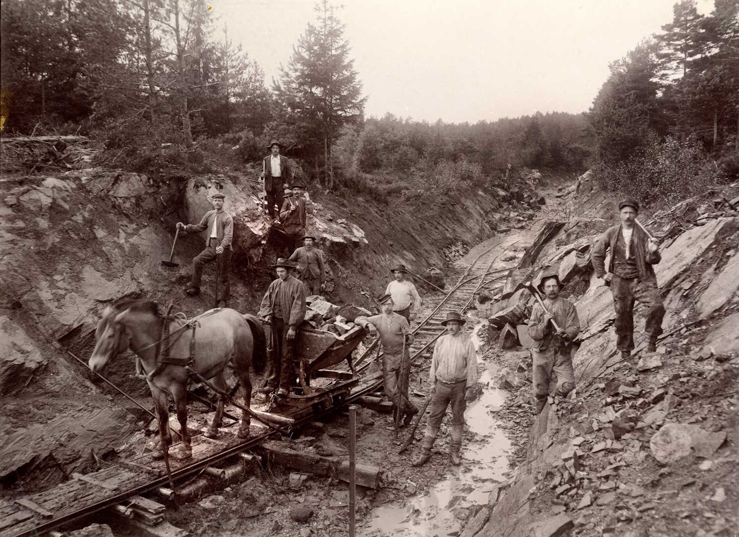 Bildet viser en gruppe jernbanearbeidere i aksjon ved Solborg i 1902, under byggingen av Arendalsbanen. Midt i bildet ser vi en hest som trekker en vogn fylt med stein eller jord, et tydelig tegn på det tunge og manuelle arbeidet som preget anleggsperioden. Rundt vognen står flere menn med spader og hakker, konsentrert om arbeidet med jernbanesporet. Landskapet er kupert og skogkledd, og gir inntrykk av en krevende anleggsplass i naturen. Bildet fanger både det fysiske slit og den kollektive innsatsen som lå bak utbyggingen av jernbanen i Aust-Agder.