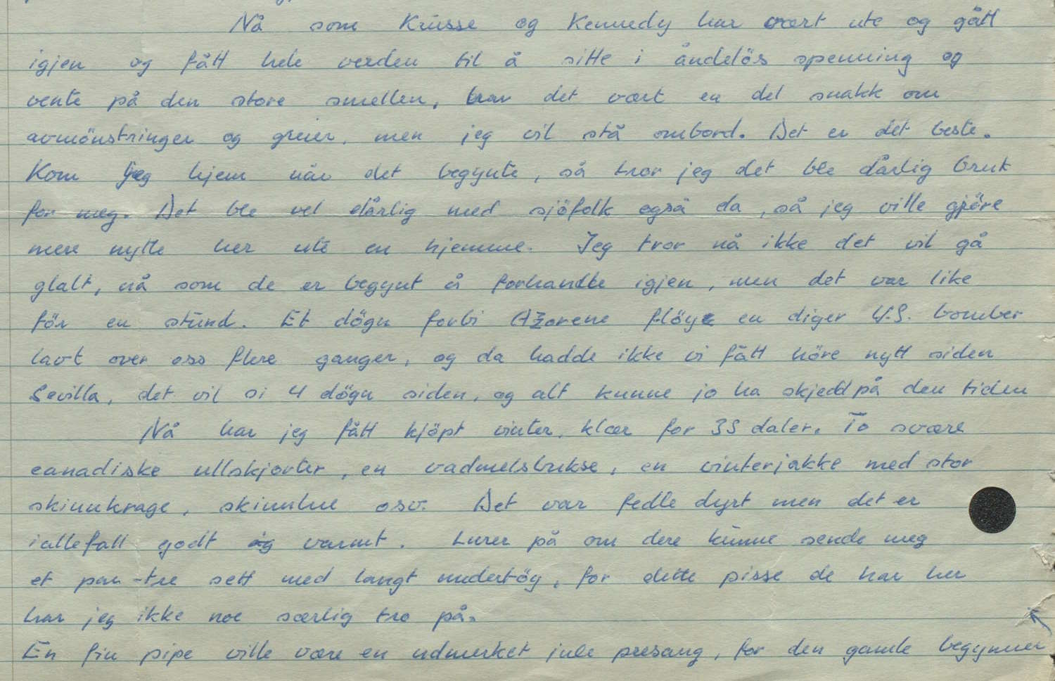 Brev fra Dag Albert Witzøe Molaug til familien om bord i "Concordia Sky" 06.11.1962 utsnitt