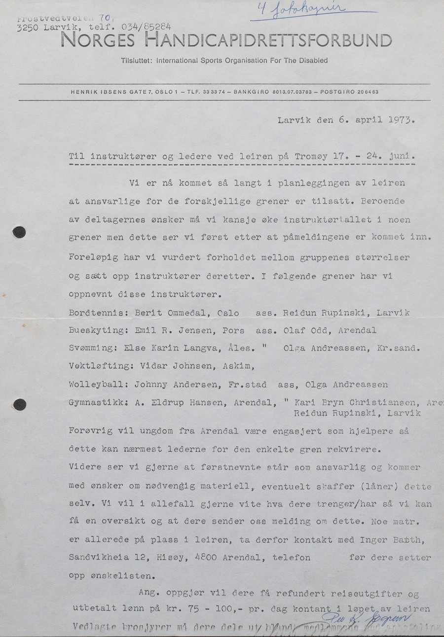 Brev fra Norges Handicapidrettsforbund til instruktører og ledere ved Hoveleiren 06.04.1973