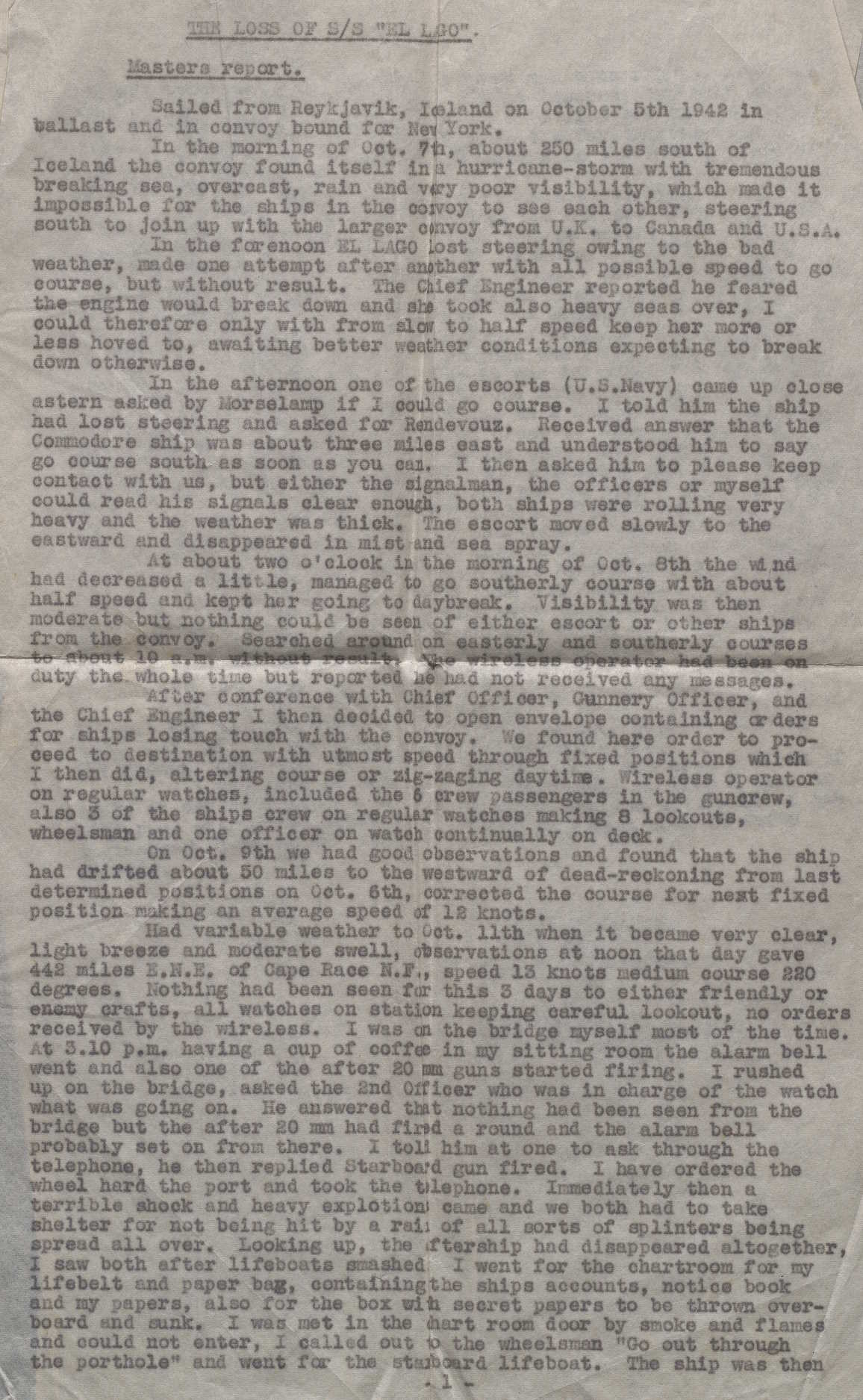 Rapport fra kaptein Finn Abrahamsen om S/S "El Lago"s forlis s. 1