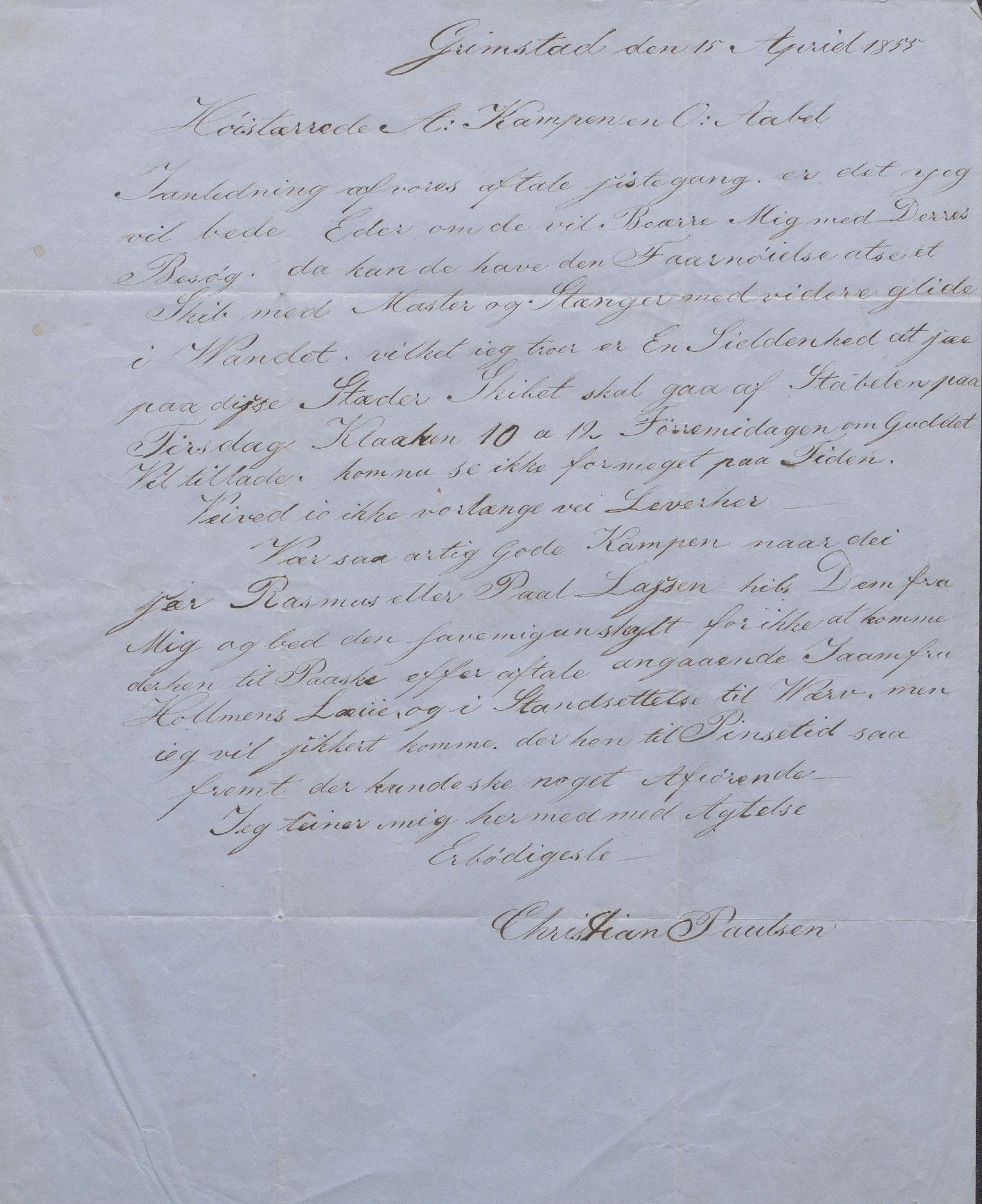Brev fra Christian Paulsen til blokkmaker Aanon von Kampen 15.04.1855