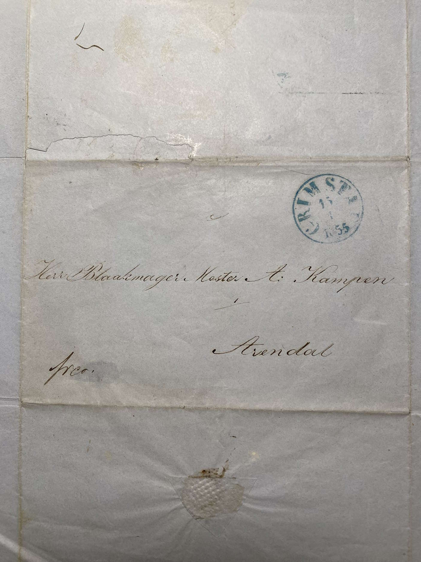 Konvolutt til brev fra Christian Paulsen til blokkmaker Aanon von Kampen 15.04.1855