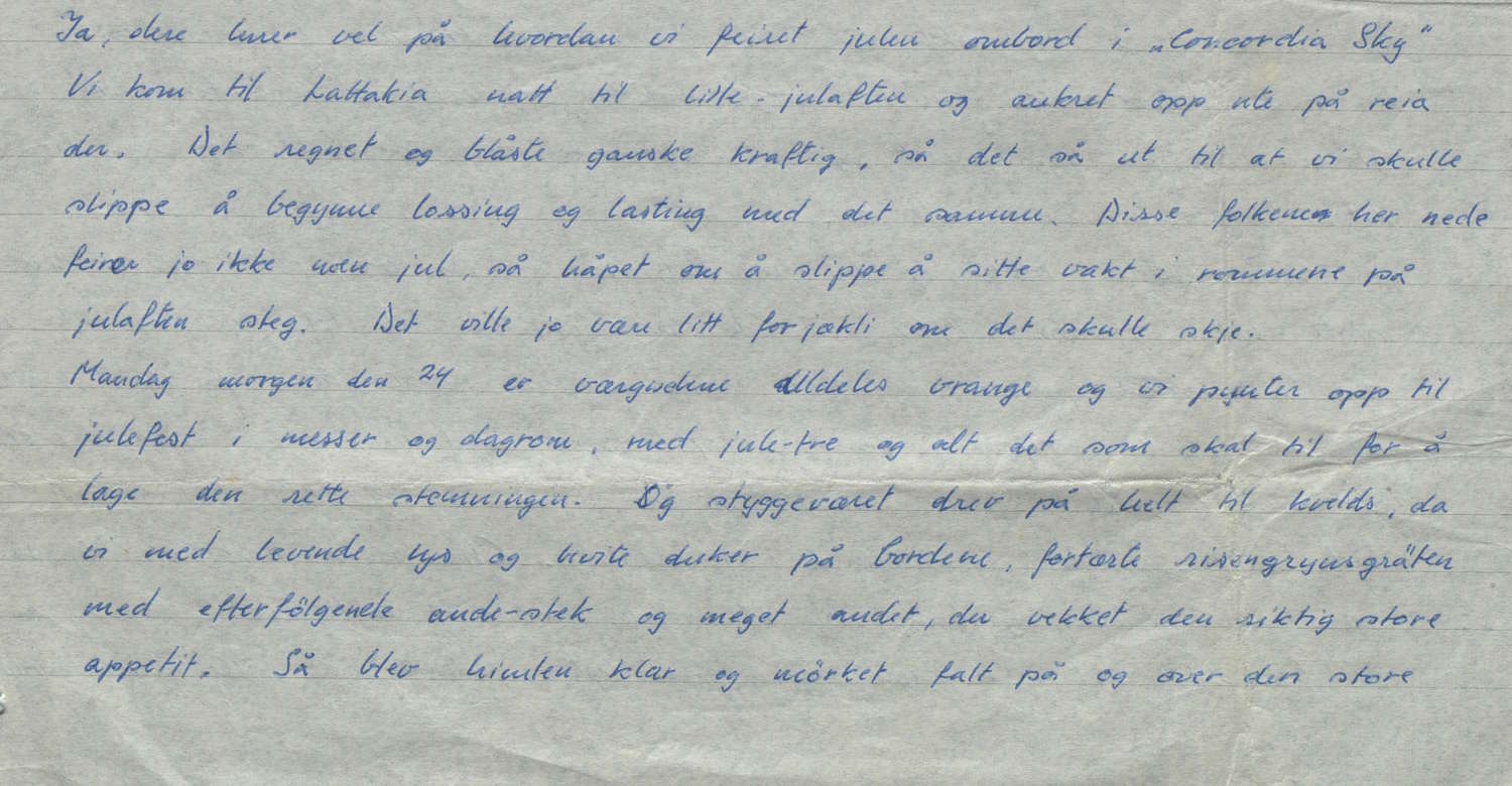 Brev fra Dag Albert Witzøe Molaug til familien om bord i «Concordia Sky» 04.01.1963 s. 1 utsnitt