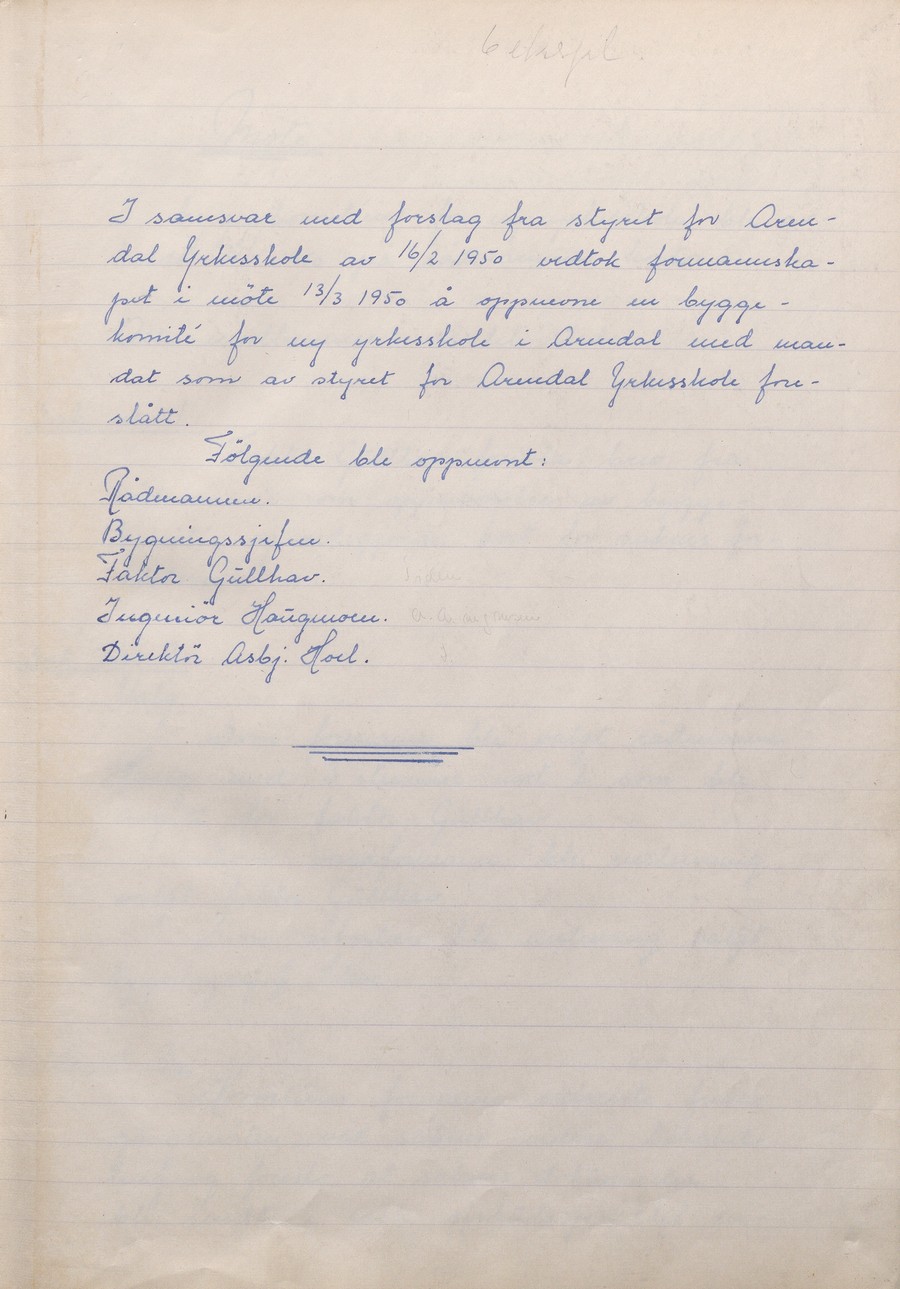 Møtebok til byggekomite for ny yrkesskole i Arendal_1