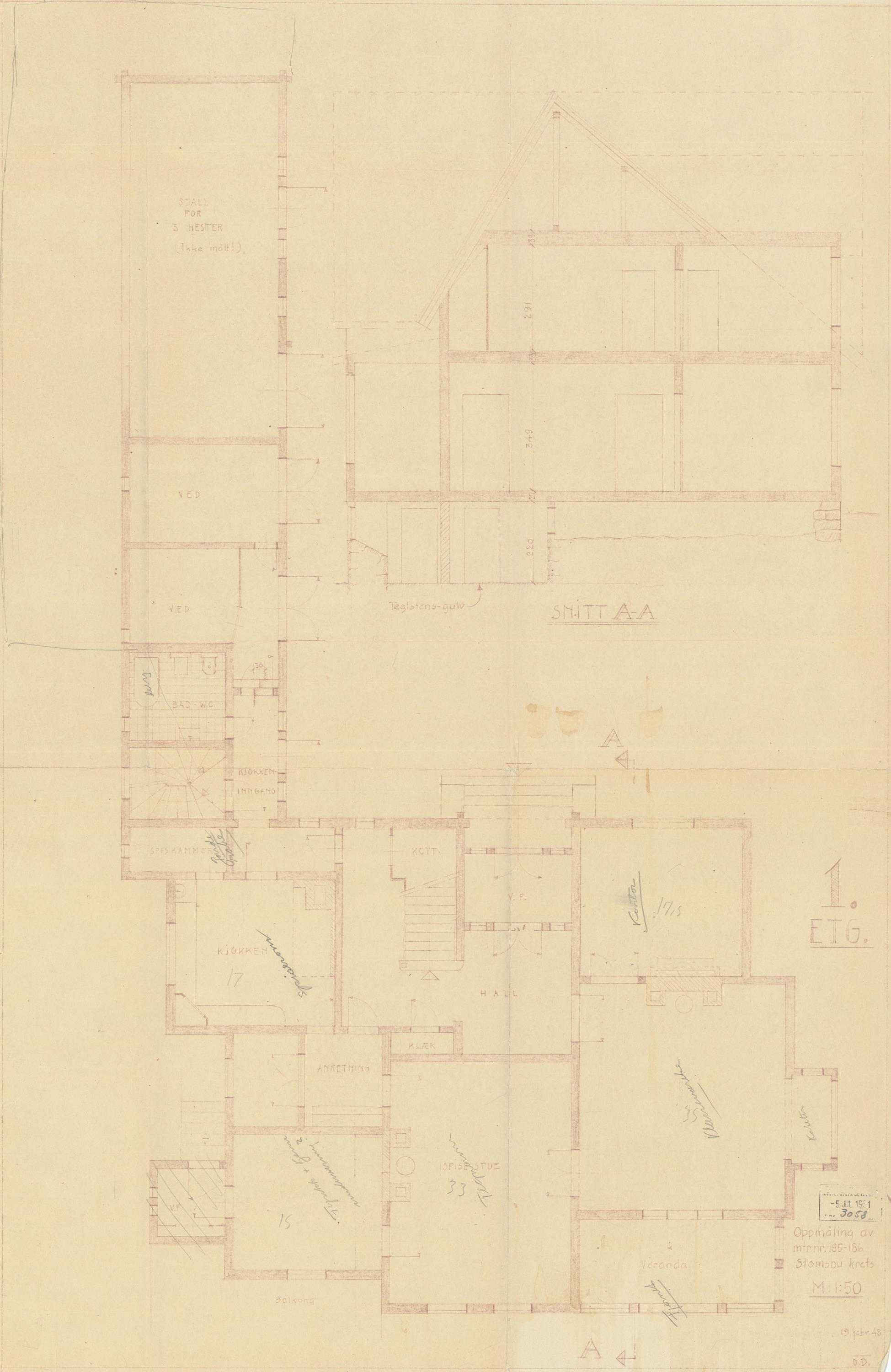 Oppmålingstegning av matrikkelnummer 185-186 i Strømsbu krets 1. etg 19.02.1948
