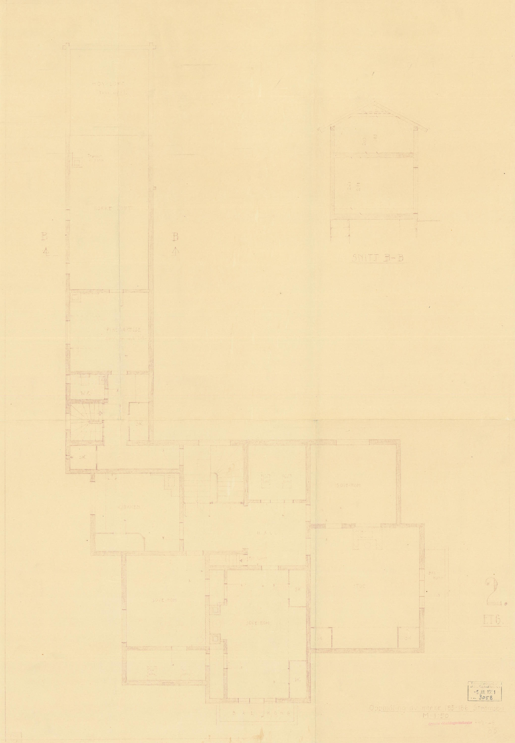 Oppmålingstegning av matrikkelnummer 185-186 i Strømsbu krets 2. etg 20.02.1948