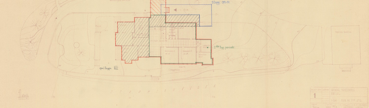 Tegning av forslag til ny Arendal yrkesskole 22.04.1952 Ugland Thorne utsnitt