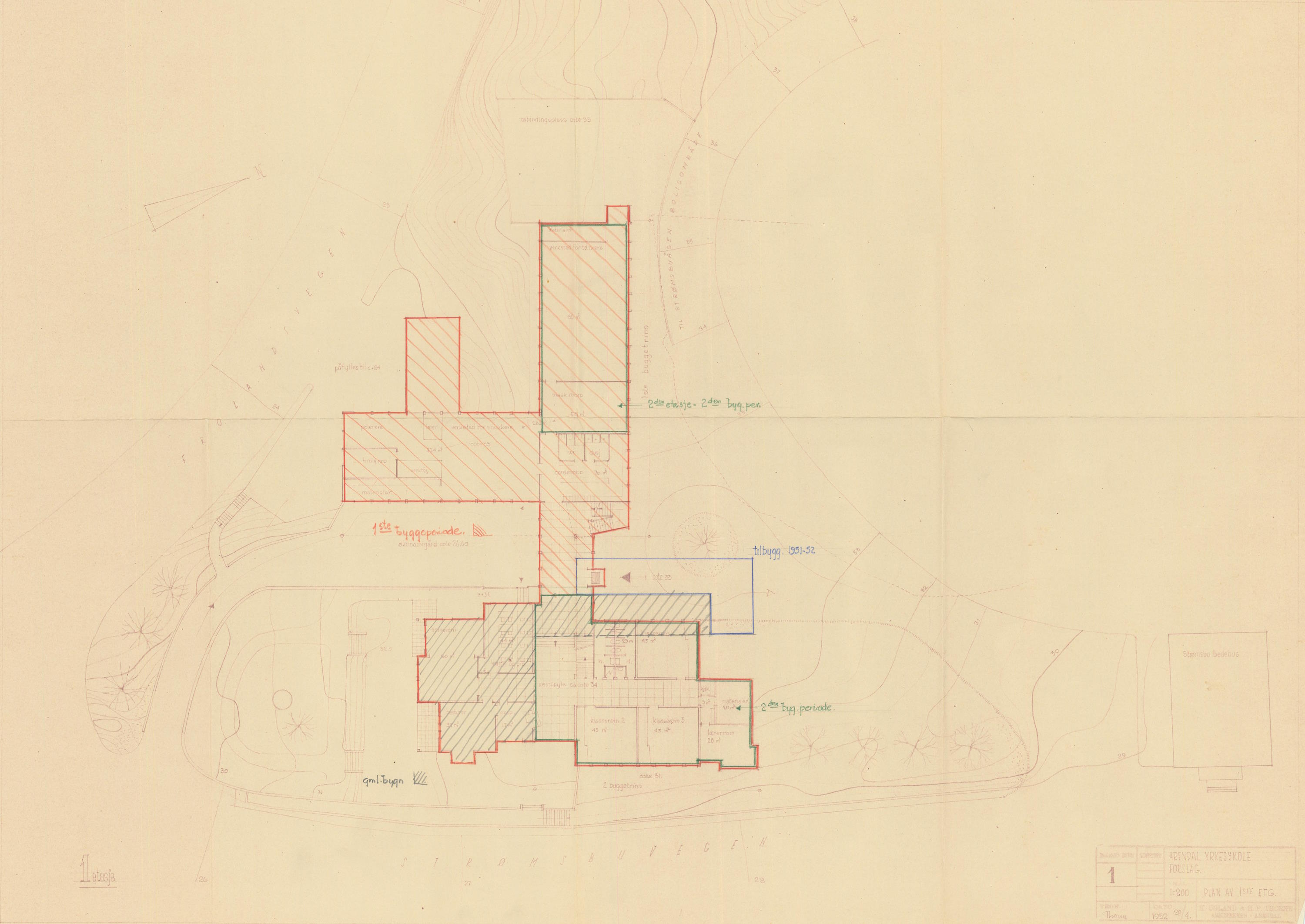 Tegning av forslag til ny Arendal yrkesskole 22.04.1952 Ugland Thorne