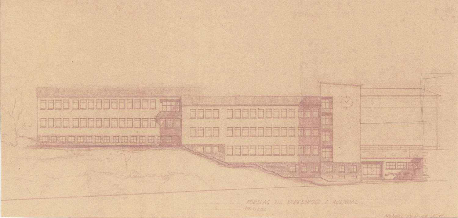 Tegning av forslag til ny Arendal yrkesskole 22.10.1949 K.H.