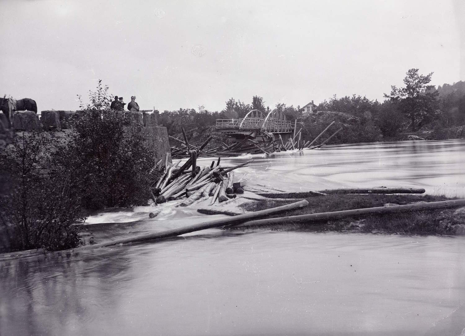 Vippa bro ødelagt av flommen i 1892. Foto. Frantz Leopold Stockinger. Sort-hvitt fotografi som viser Nidelva med kraftig vannføring. I forgrunnen renner vannet rolig, men midt i bildet ser man en stor samling tømmerstokker som har samlet seg mot en steinmur på venstre side. På muren står fire personer og ser utover elva. I bakgrunnen er en ødelagt Vippa bro – en bueformet stålkonstruksjon som har kollapset som følge flommen. Broen henger delvis over vannet, omgitt av trær og busker langs elvebredden. Stemningen er preget av naturkrefter og ødeleggelse.