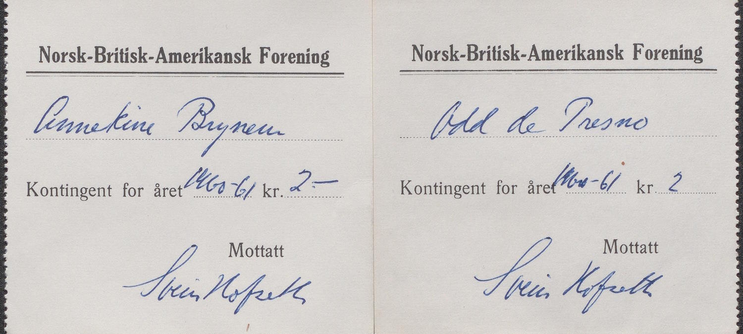 Kvitteringer for betalt kontingent til Norsk-Britisk-Amerikansk Forening i Arendal