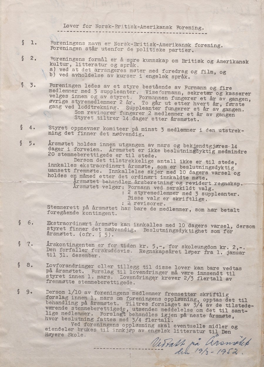 Møtebok til Norsk-Britisk-Amerikansk Forening i Arendal lover