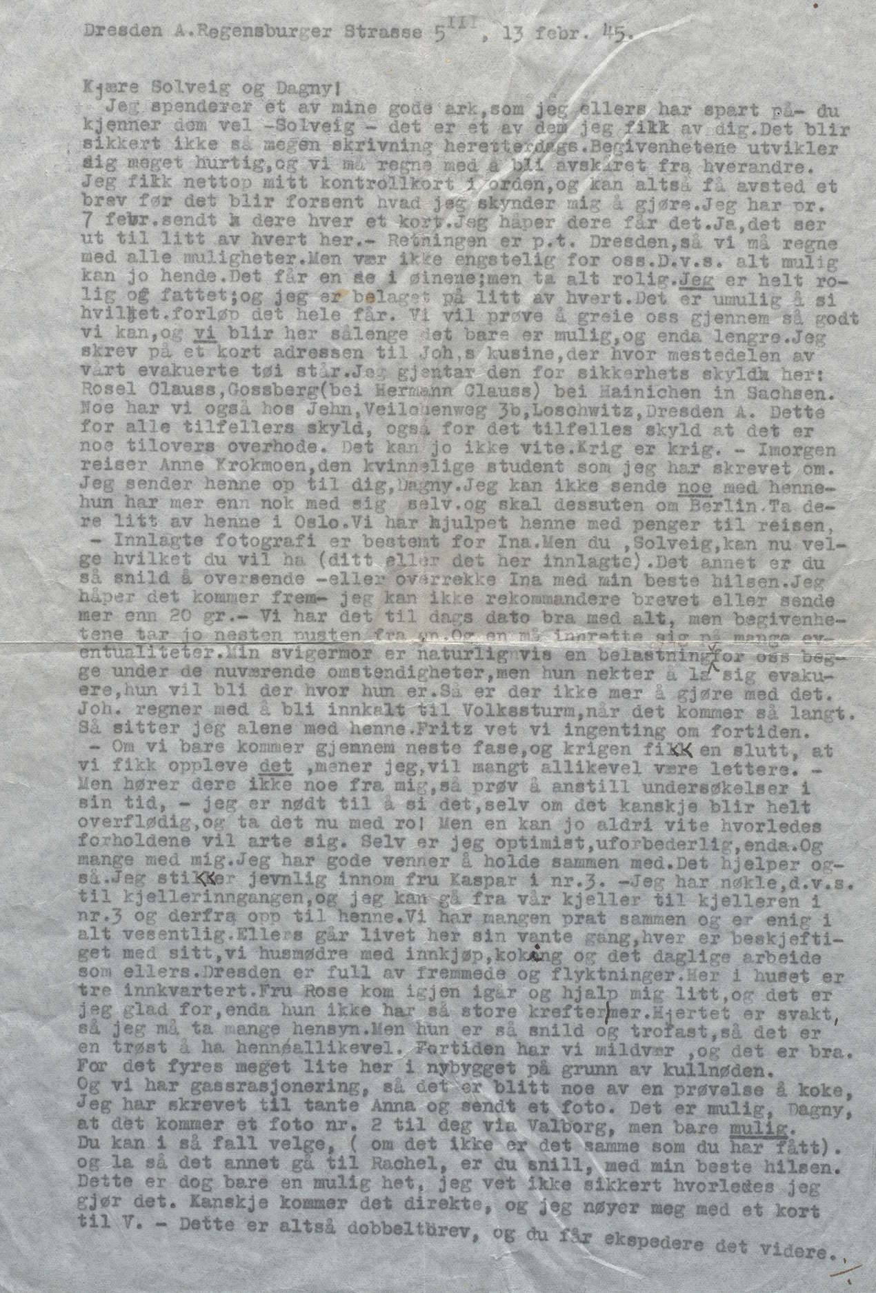 Brev fra Anna Fosse Clauss til søstrene Solveig og Dagny 13.02.1945 s. 1