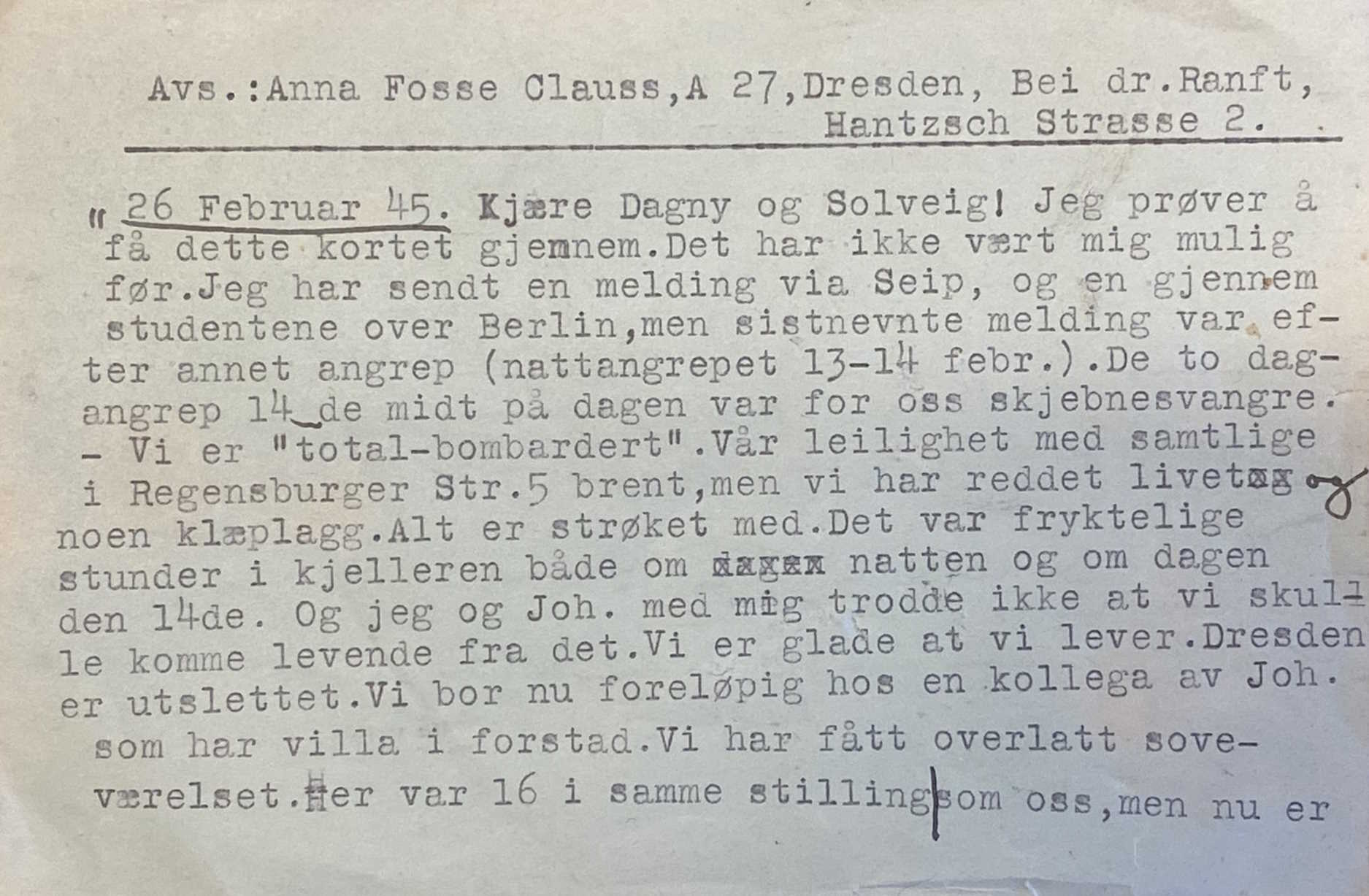 Kort fra Anna Fosse Clauss til søstrene Solveig og Dagny 26.02.1945 s. 1