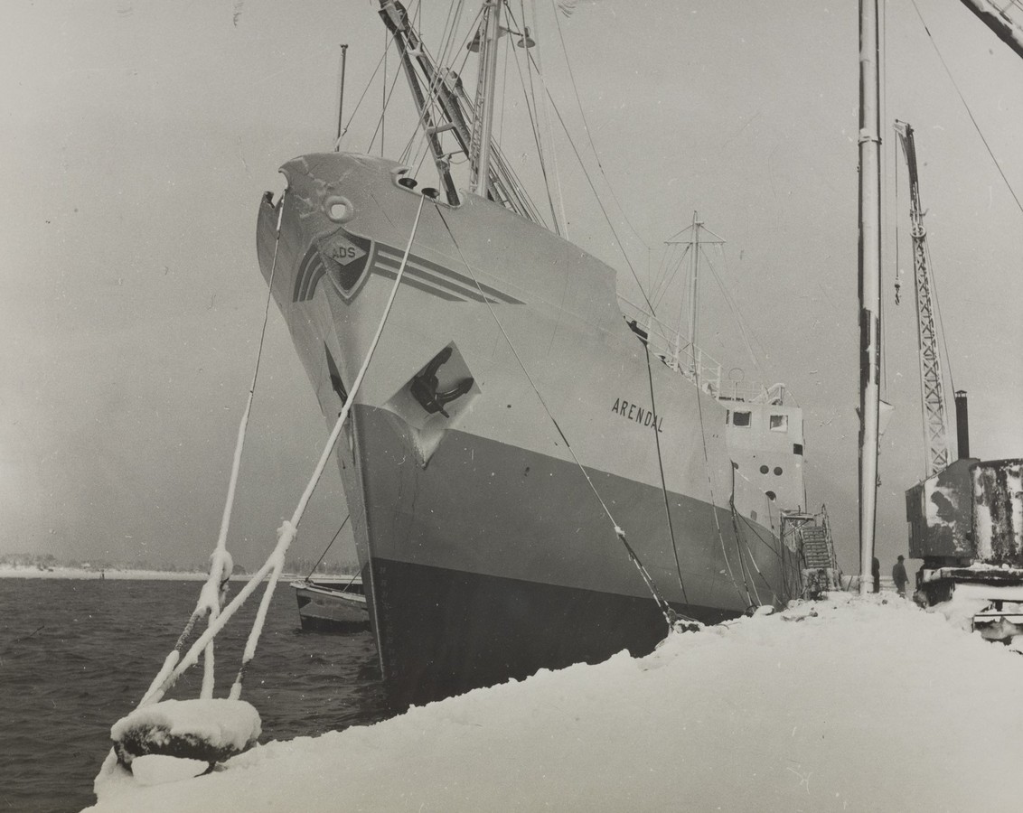 Bildet er et svart‑hvitt fotografi som viser M/S "Arendal" fortøyd til kai en kald vinterdag i 1955. Skipet er sett skrått forfra, slik at baugen og en stor del av babord side fyller motivet. Skroget har rederimerket med vingesymbol og initialene ADS på baugen, og navnet “ARENDAL” er tydelig malt på skutesiden lenger akterover. Baugen står tett inntil kaien, og tykke fortøyningstrosser går fra skipet ned til pullertene, begge dekket av snø. Hele kaifronten og bakken er snødekt, og is og frost ligger i klumper rundt tauverket. På dekk sees lastebommer, master og taljer, noen av dem satt i en vinkel som tyder på at utstyr har vært i bruk. Mastene strekker seg høyt opp, kledd med vaiere og stag. Lenger akter sees deler av overbygget og rekkverket. Til høyre i bildet står en stor havnekran og et lite skur eller teknisk bygg. Snøen ligger tykt både på kranens fot og på kaien. I bakgrunnen skimtes et svakt vinterlandskap og et rolig vannspeil. Motivet gir et sterkt vinterpreg: snø, frost og en stillestående havn der M/S "Arendal" ligger tungt og solid fortøyd.
