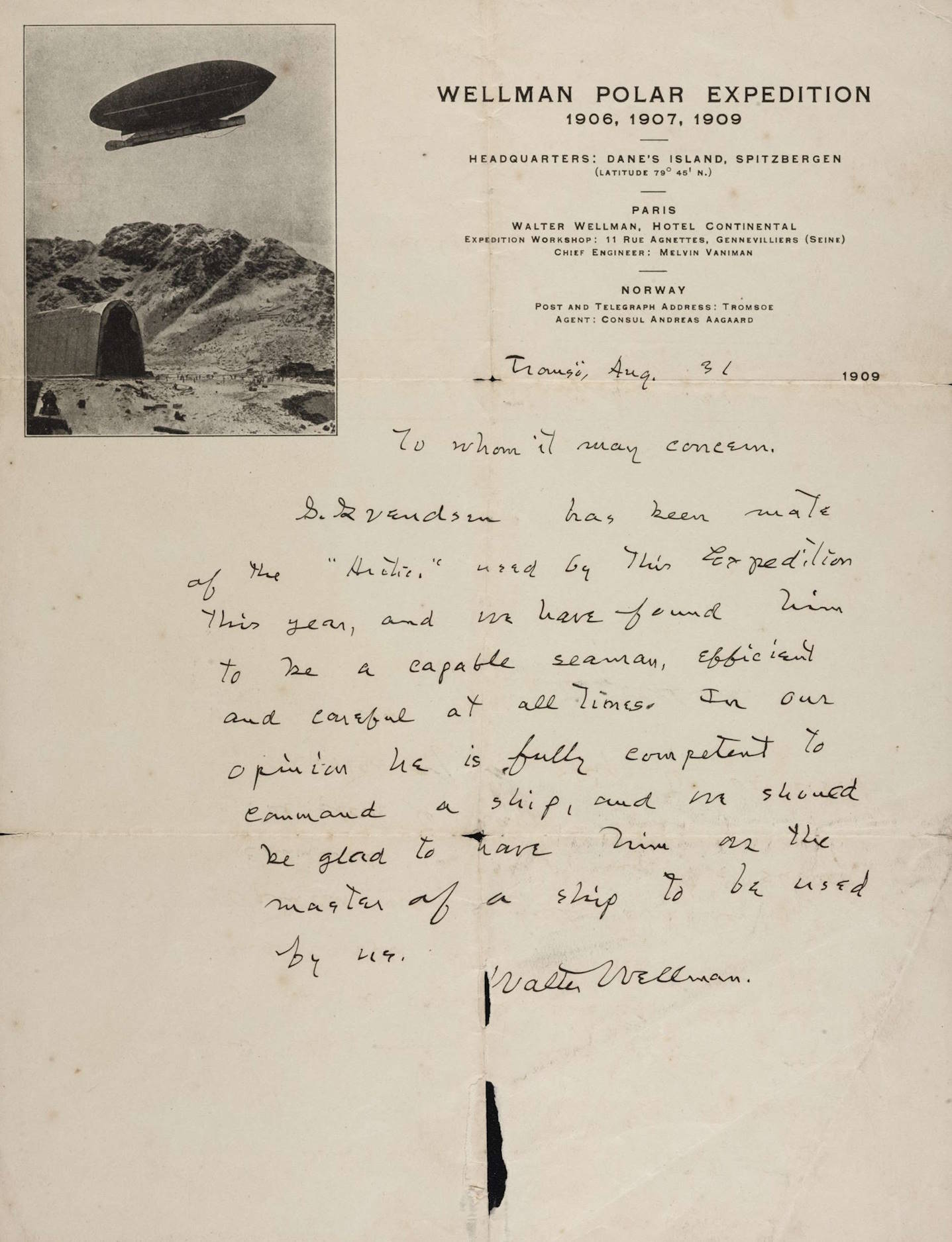 Attest for Severin Nikolai Svendsen fra Walter Wellman 31. august 1909