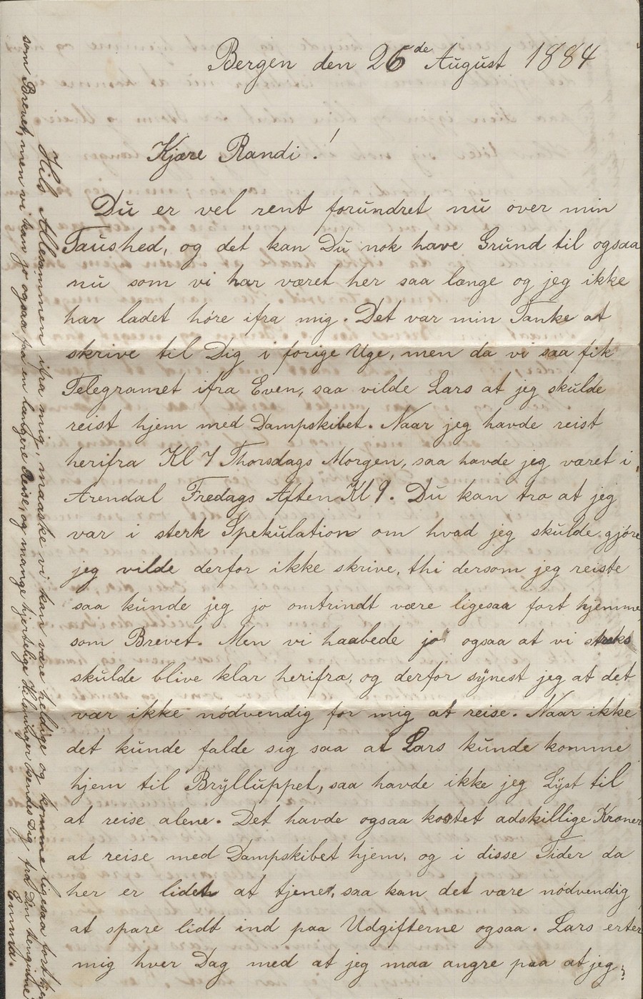 Brev fra Emma Skjulestad til Randi Skjulestad Bergen 26.08.1884 s. 1