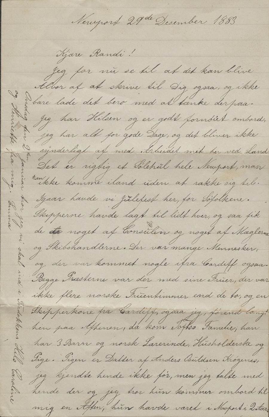 Brev fra Emma Skjulestad til Randi Skjulestad New Port 29.12.1883 s. 1