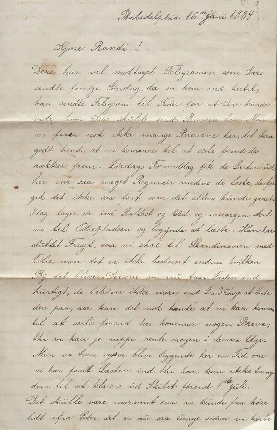 Brev fra Emma Skjulestad til Randi Skjulestad Philadelphia 16.06.1884 s. 1