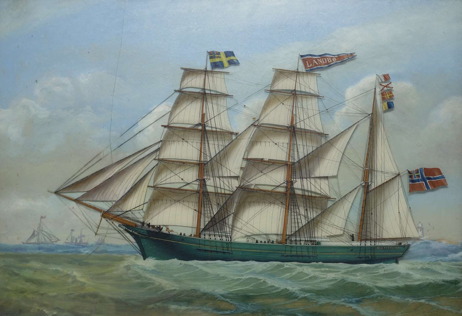 Maleriet viser et stort seilskip – barken «Landbø» – fremstilt i profil mot venstre. Skipet har tre master med et omfattende seilarrangement. De fleste seilene er heist og fylt av vinden. Skroget er malt i mørkegrønne og blågrønne toner, med en lysere stripe langs rekken. På mastetoppene vaier flere flagg. Øverst på den midtre masten er et rødt vimpelflagg med navnet «LANDBØ» tydelig malt i hvite bokstaver. Akterut vaier et norsk handelsflagg fra tiden med unionsmerke, og lenger fremme sees et britisk handelsflagg og et svensk handelsflagg. Flaggenes plassering er typisk for samtidens skipsportrætter. Skipet seiler på en grønnlig, lett bølgende sjø. I bakgrunnen, til venstre, er det flere mindre seilskip og et dampdrevet fartøy som slipper mørk røyk fra skorsteinen. Horisonten er lav og gir plass til en stor, lys himmel med lette, spredte skyer. Motivet er malt med stor detaljrikdom og tydelige konturer, typisk for maritime portrettmalerier av seilskuter fra 1800-tallet.