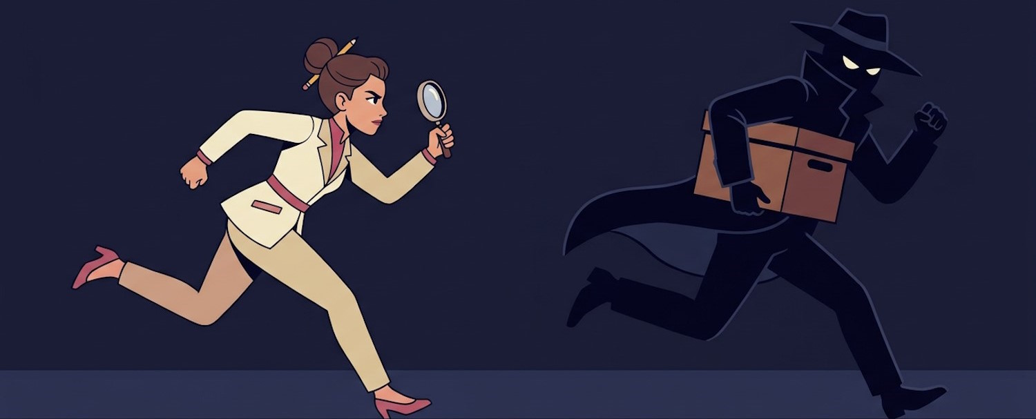 Illustrasjonen viser to figurer som løper mot høyre. Forrest løper en mørkkledd skikkelse med hatt og frakk og bærer en arkivboks under armen. Bak følger en person i lyst antrekk som holder et forstørrelsesglass i en oppstrakt hånd, som om personen er i ferd med å undersøke eller spore opp noe. Bakgrunnen er mørk, og figurene er tegnede i en enkel, stilisert form.