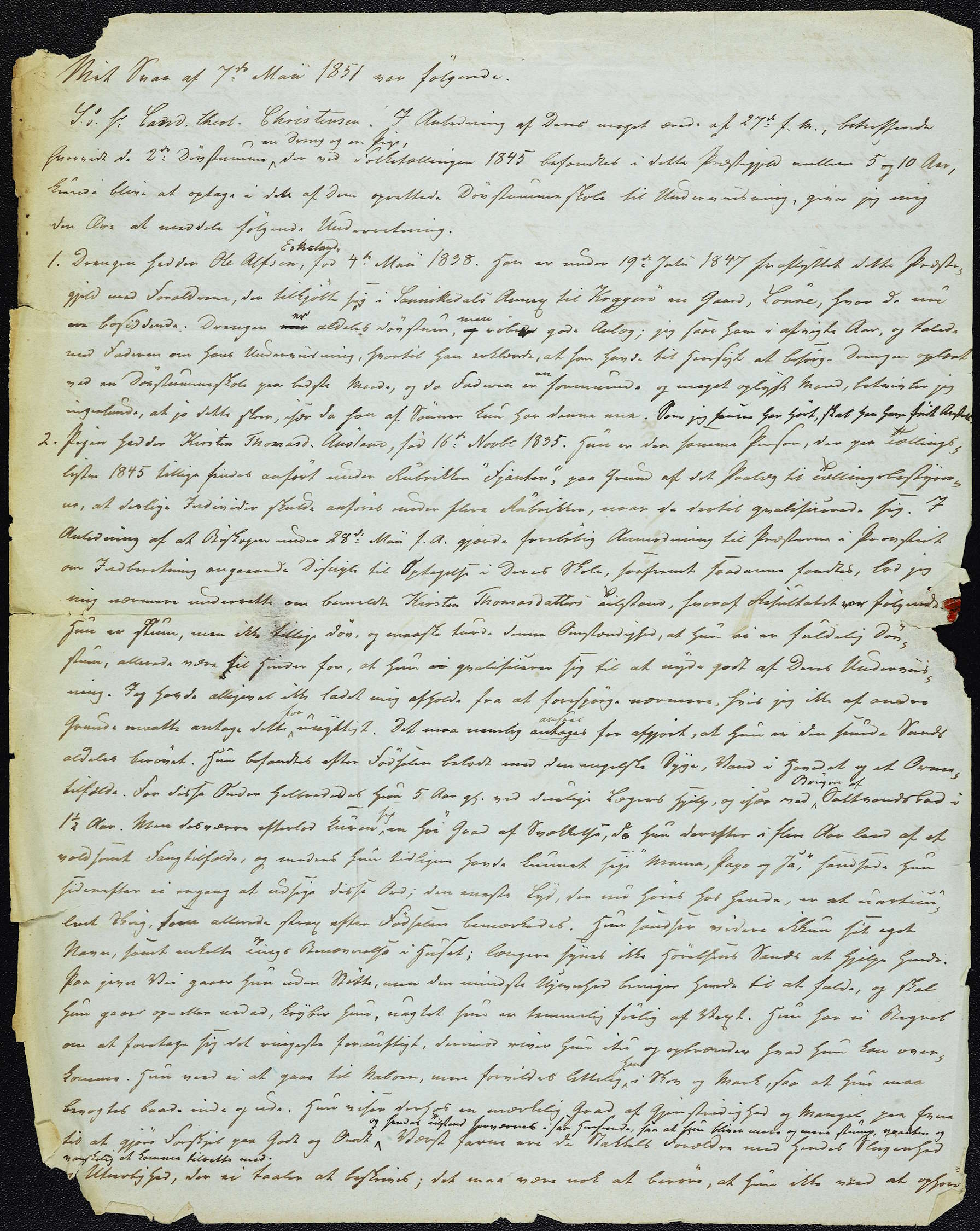 Brev fra prost John Aas i Gjerstad til Thorstein Alarich Christensen 07.05.1851 s. 1