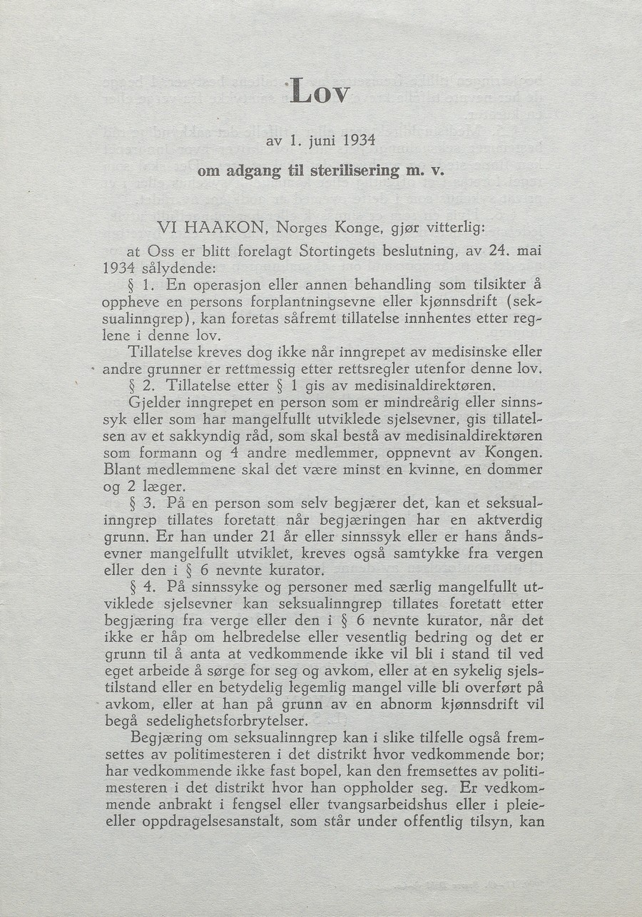 Lov av 1. juni 1934 om adgang til sterilisering m.v. s. 1