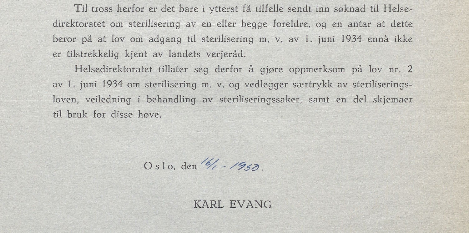 Rundskriv fra Helsedirektoratet til landets vergeråd 16.01.1950 utsnitt