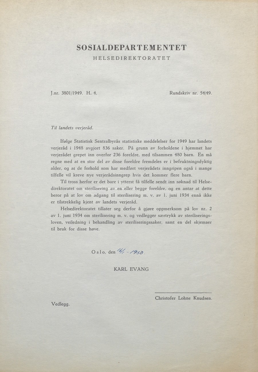 Rundskriv fra Helsedirektoratet til landets vergeråd 16.01.1950